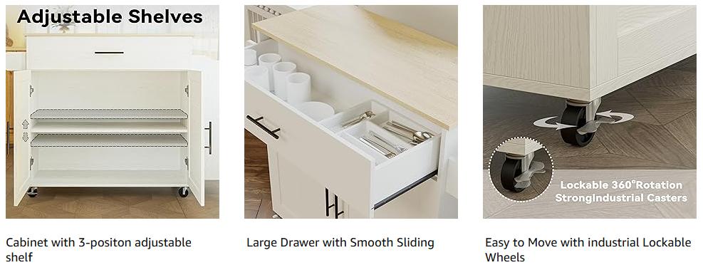 IRONCK Kitchen Island with Storage, Rolling Kitchen Island on Wheels with Drop Leaf, 3 Open Spice Rack Shelf, Door Cabinet, Drawer, Kitchen Cart Island Table for Kitchen