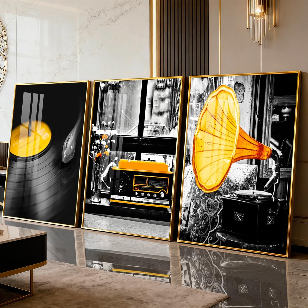 3 Counts Aluminum Alloy Framed Painting, Retro Vinyl Record Radio And Gramophone Pictures, Home Decoration For Living Room, Bedroom, Office, Restaurant, Hallway Wall Decor, Odorless Print Artwork, Luxury Perfect Gift For Friends And Family