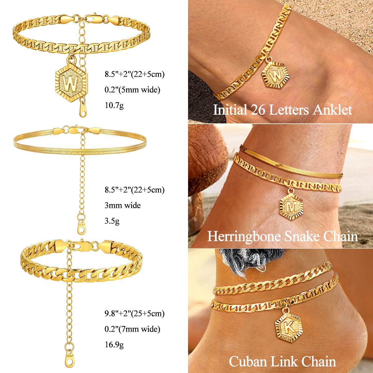 FindChic Initial Name Engraved Customization Anklet Golden Mariner Chain Snake Chain 26 Letters Anklet Stack Set Mother's Day Gift for Mom Summer Beach Anklet Bracelet Jewelry Set for Women Girls