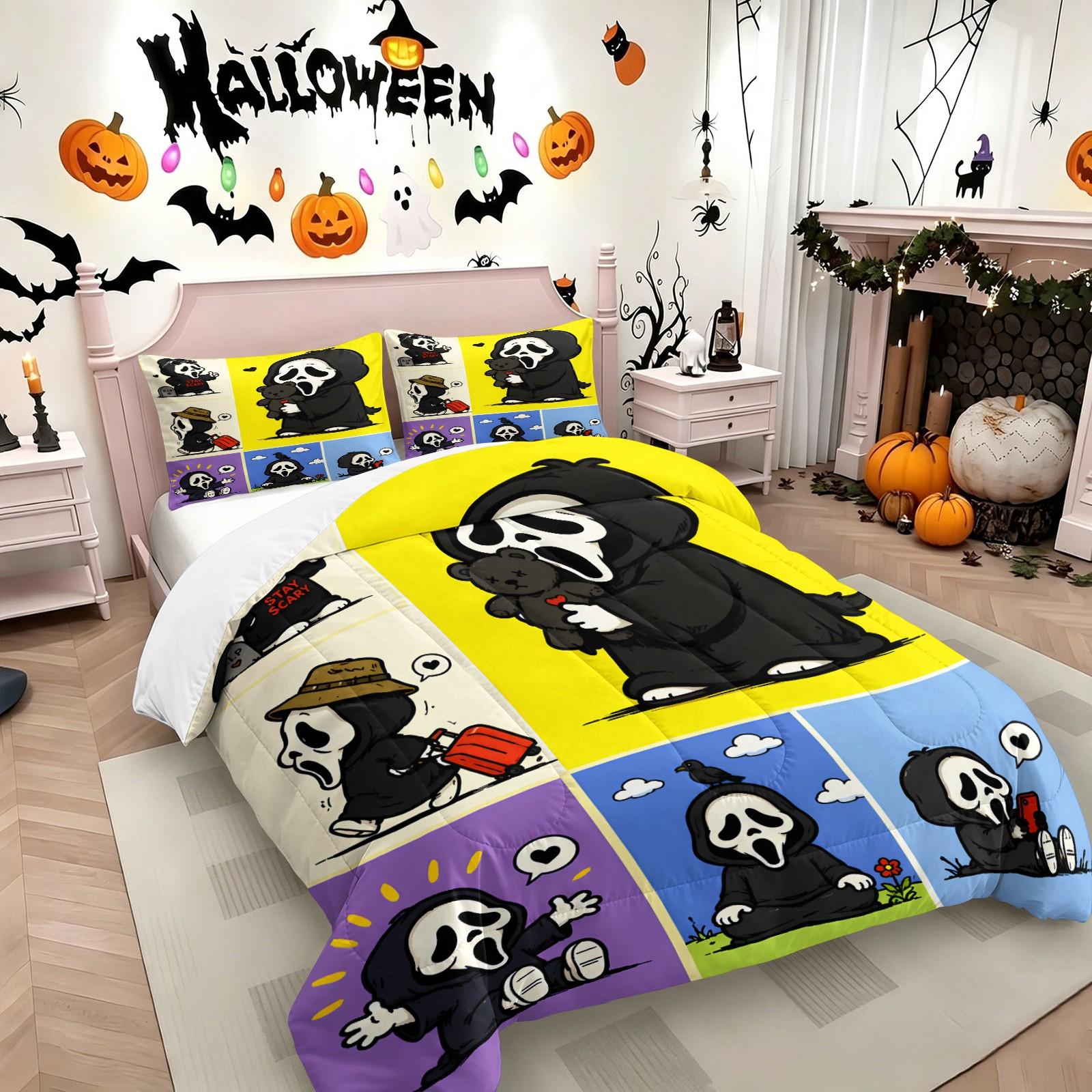 Color-Block Plaid Chibi Hugging a Teddy Bear, Pulling a Suitcase and Playing Phone Ghostface Print Comforter Set & 1-2 Pillowcases, Comfortable Easy Care Bedding, Halloween or Movie Fans Bedroom Dorm Decor