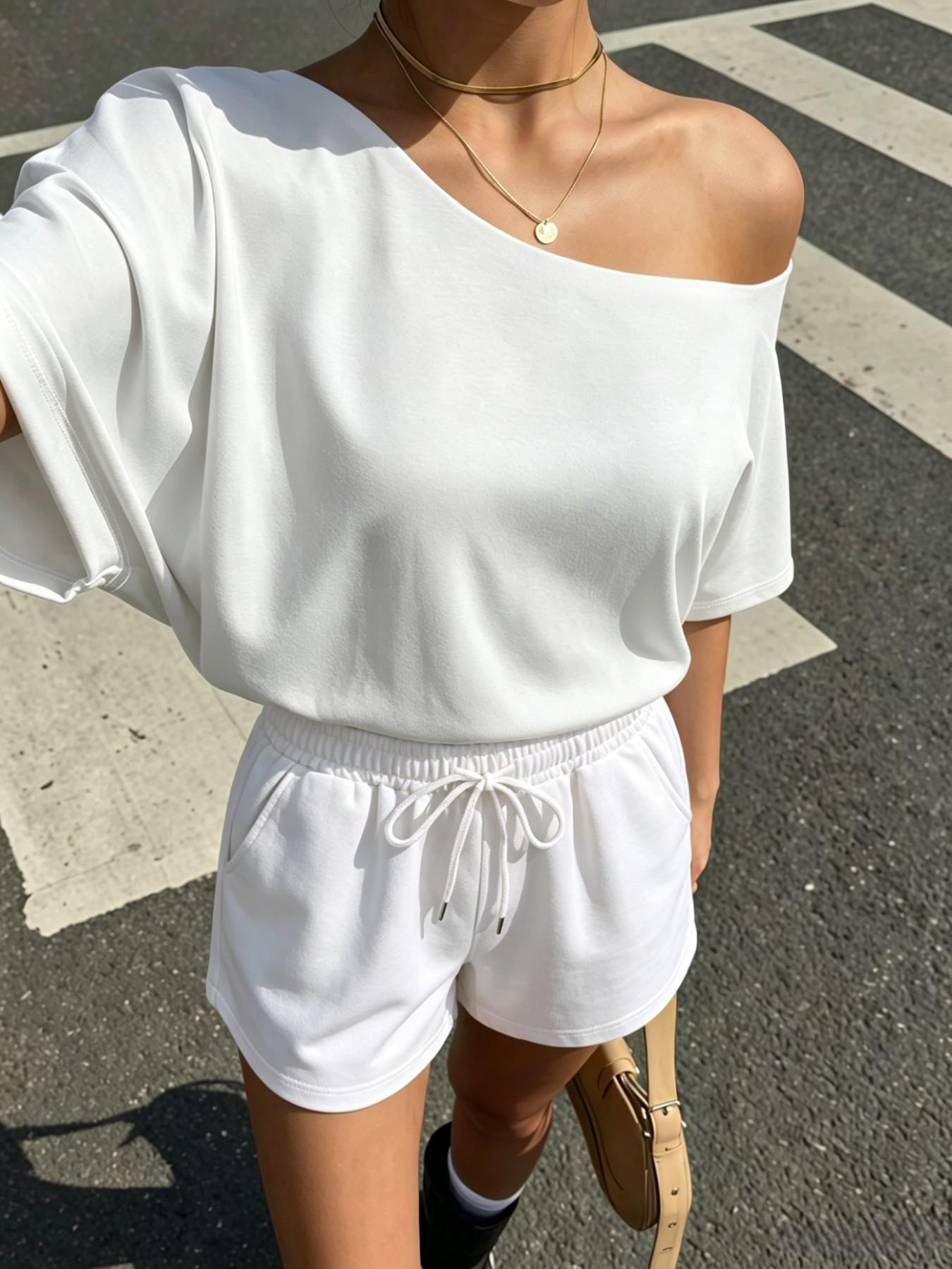 Women's 2-Piece Set, Off-Shoulder Loose Short Sleeve Top & Adjustable Drawstring Shorts, Summer Plain Casual Sporty, Versatile for Various Occasions, Outfit, Clothes