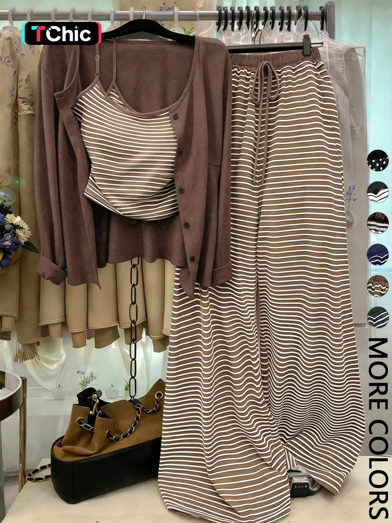 Women's Plain Knit Cardigan Set, Button Front Design, Striped Tank Top, Loose Leg Pants, Elegant Casual Style, Fall & Winter Wear