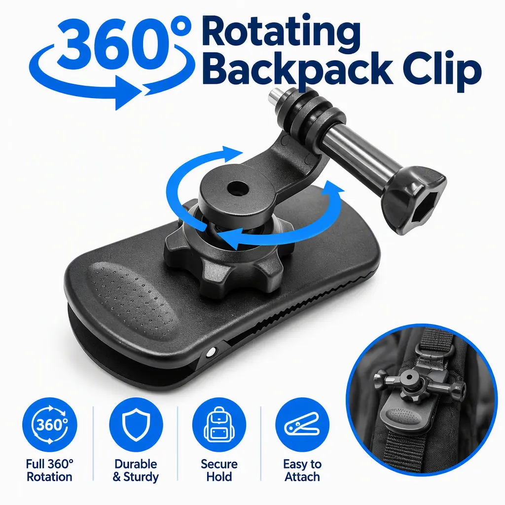 360‑Degree Rotating Backpack Clip, Adjustable Shoulder Strap Fixed Mount Bracket, Action Camera Accessory Compatible with GoPro13, DJI and Insta360 Cameras, Hands‑Free POV Shooting Holder for Outdoor Travel Sports