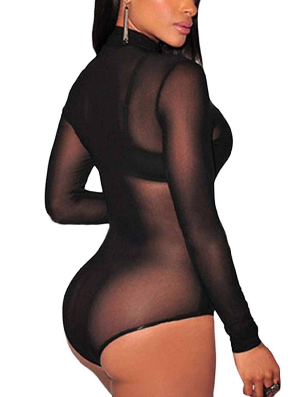 Women See Through Mesh Sheer Body Suit Girl Tops,Black Silk Contrast Bodysuit,Long Sleeved High Neck Piece for Lady Thong Seamless Fishing Net Clubwear Leotard,Fajas Para Mujer,Midnights Lingerie Underwear Women's Sheer