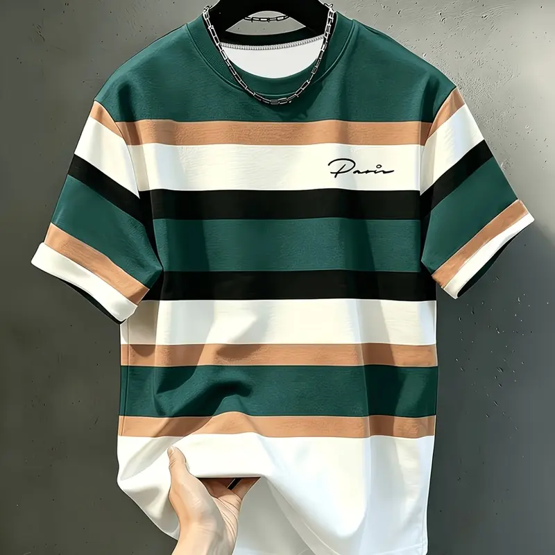 Men's Casual Fitted T-Shirt, Handwritten-Style Letter Print, Striped Colorblock Design, Comfortable Versatile Streetwear for Daily Wear