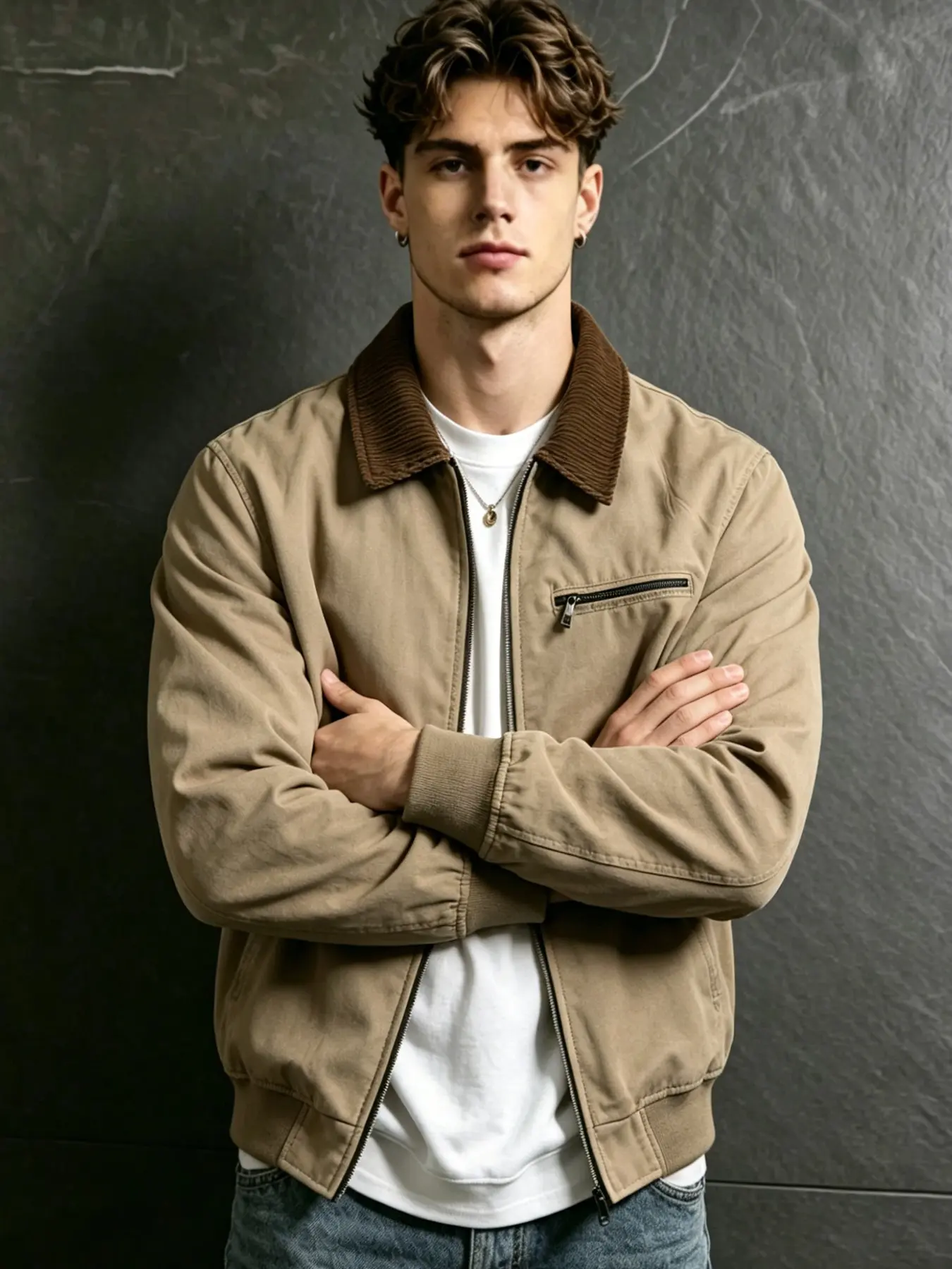 Men's Vintage Detroit Canvas Work Jacket, Casual Street Style, Long Sleeve, Lapel Collar, Zip Fastening, Large Pockets, Spring & Fall Outerwear