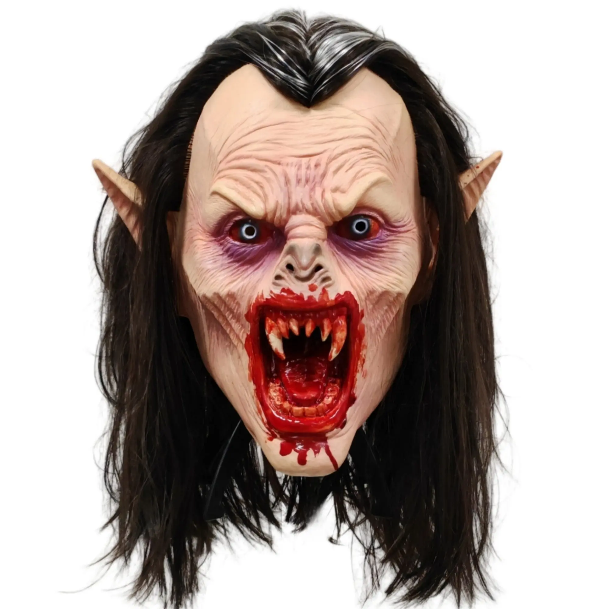Creepy Vampire Mask with Bloody Fangs and Long Hair, Scary Full Head Latex Dracula Monster Mask, Halloween Costume Prop for Cosplay Party, Realistic Mask