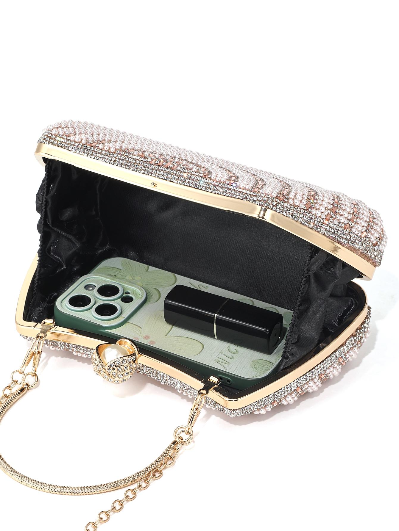 Elegant Pearl Rhinestone Handbag, Evening Party Wedding Bag, Sparkling Chain Design, Luxury Women's Clutch, Perfect for Special Occasions