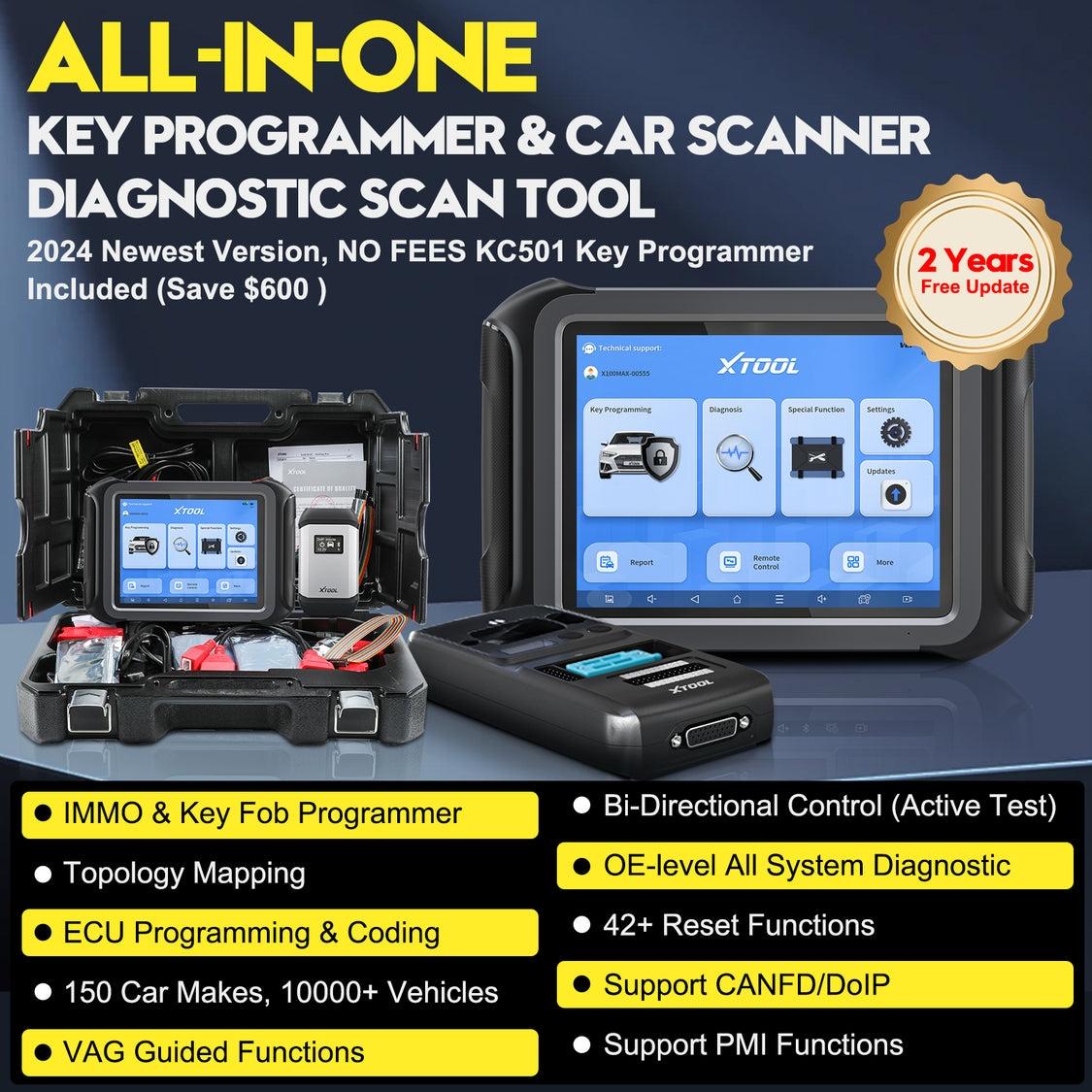 XTOOL X100 MAX Bidirectional Scan Tool with ECU Pr0gramming and C0ding, Wireless Automotive Diagnostic Tool with Topology Map and [KC501 Adapter $600 Kit], 42+ Resets, FCA/CAN FD/DoIP, 2-Year Updates