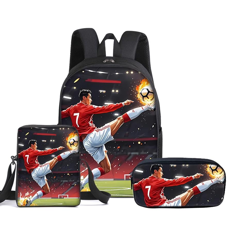 CR7 Football pattern printed 16-inch Soccer Backpack three-piece set (single-layer backpack + small shoulder bag + single-layer pencil bag)