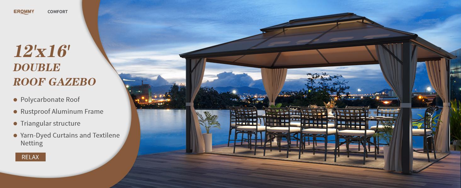 EROMMY Hardtop Gazebo, Outdoor Polycarbonate Double Roof Canopy, Aluminum Frame Permanent Pavilion with Curtains and Netting, Sunshade for Garden, Patio, Lawns EROMMY Hardtop Gazebo, Outdoor Polycarbonate Double Roof Canopy, Aluminum Frame Permanent Pavilion with Curtains and Netting, Sunshade for Garden, Patio, Lawns