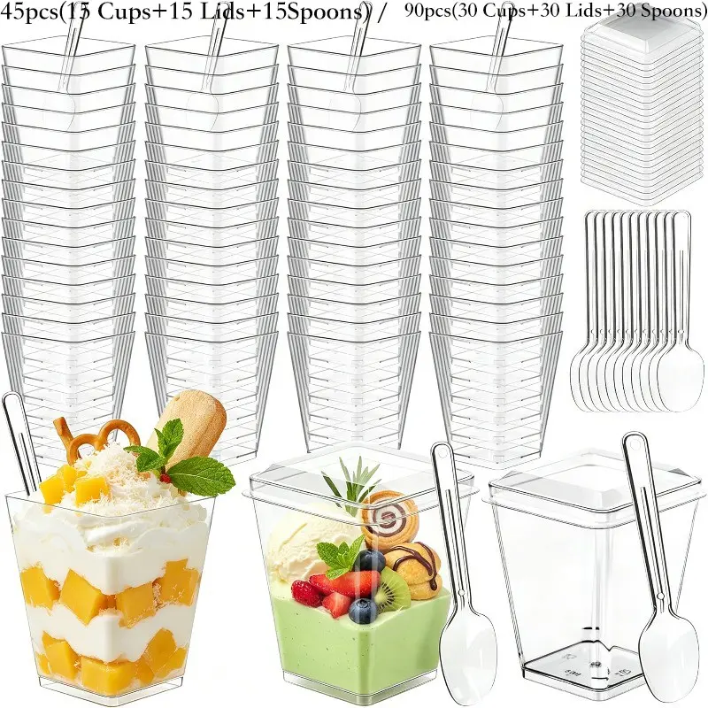 45/90 pcs Upgraded Clear Square Dessert Cups Set with Lids And Spoons, Thickened Sturdy Stackable, for Yogurt, Ice Cream, Mousse, Pudding, And Appetizers, Ideal for Catering, Birthday, Dining, Hotels for Halloween、Christma