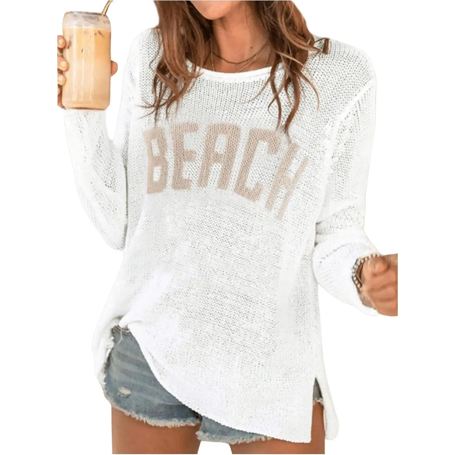 Women's Longsleeves Round Neck Letter Print Crochet Jumper Top - Bikini Beach Cover Up, Casual Split Hem Sweater