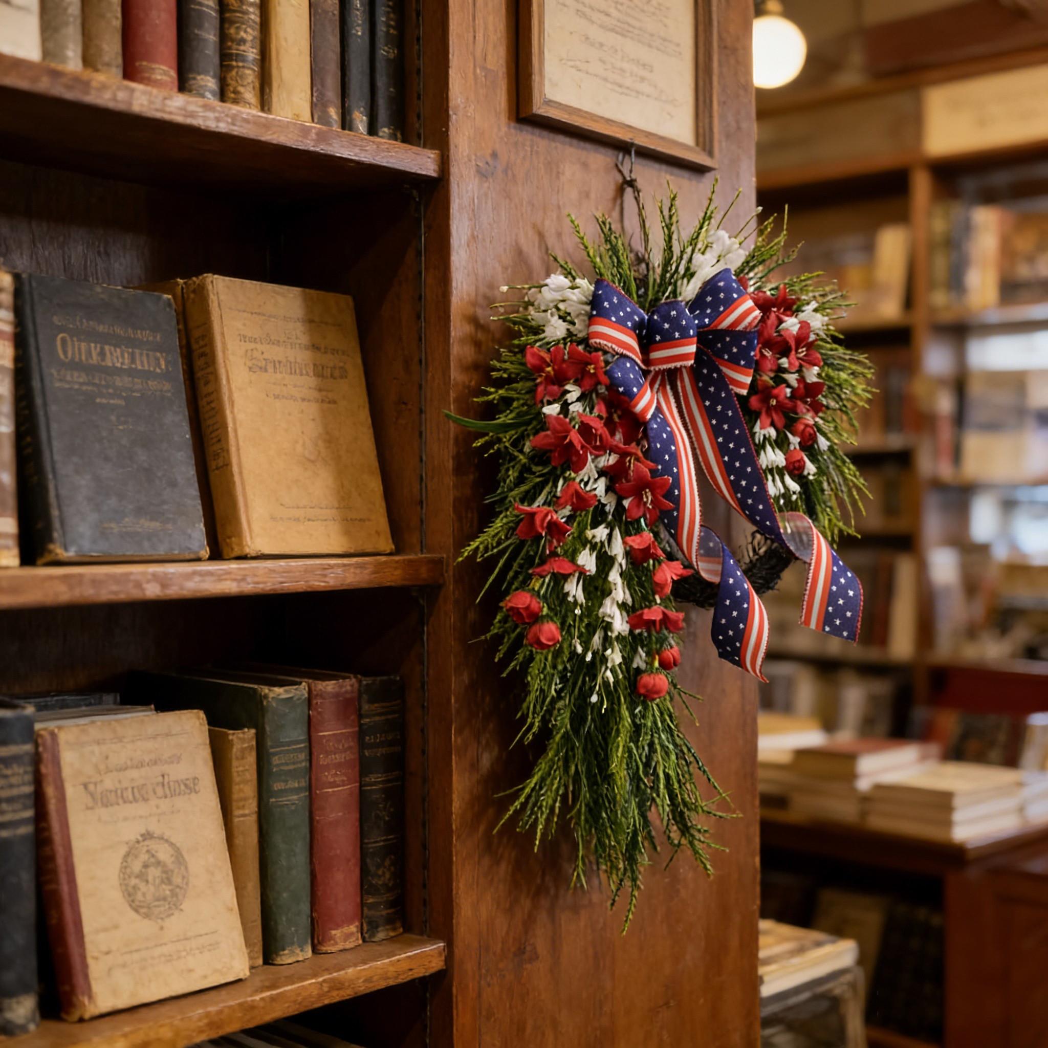 Elegant Patriotic Water Drop Wreath, Floral Accents, Star Spangled Bow, Memorial Day & Veterans Day Door Decor