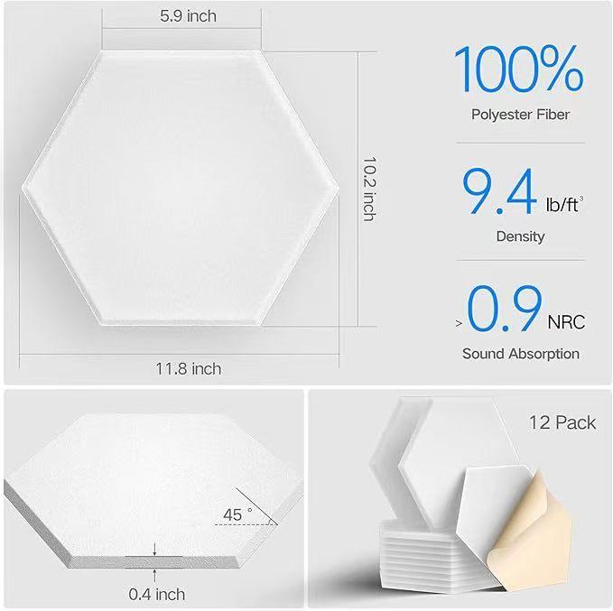 12pcs Hexagonal Self-Adhesive Sound Absorbing Panels, Indoor Noise Reduction Wall Decor, Thick Polyester Fiber, Living Room Decoration
