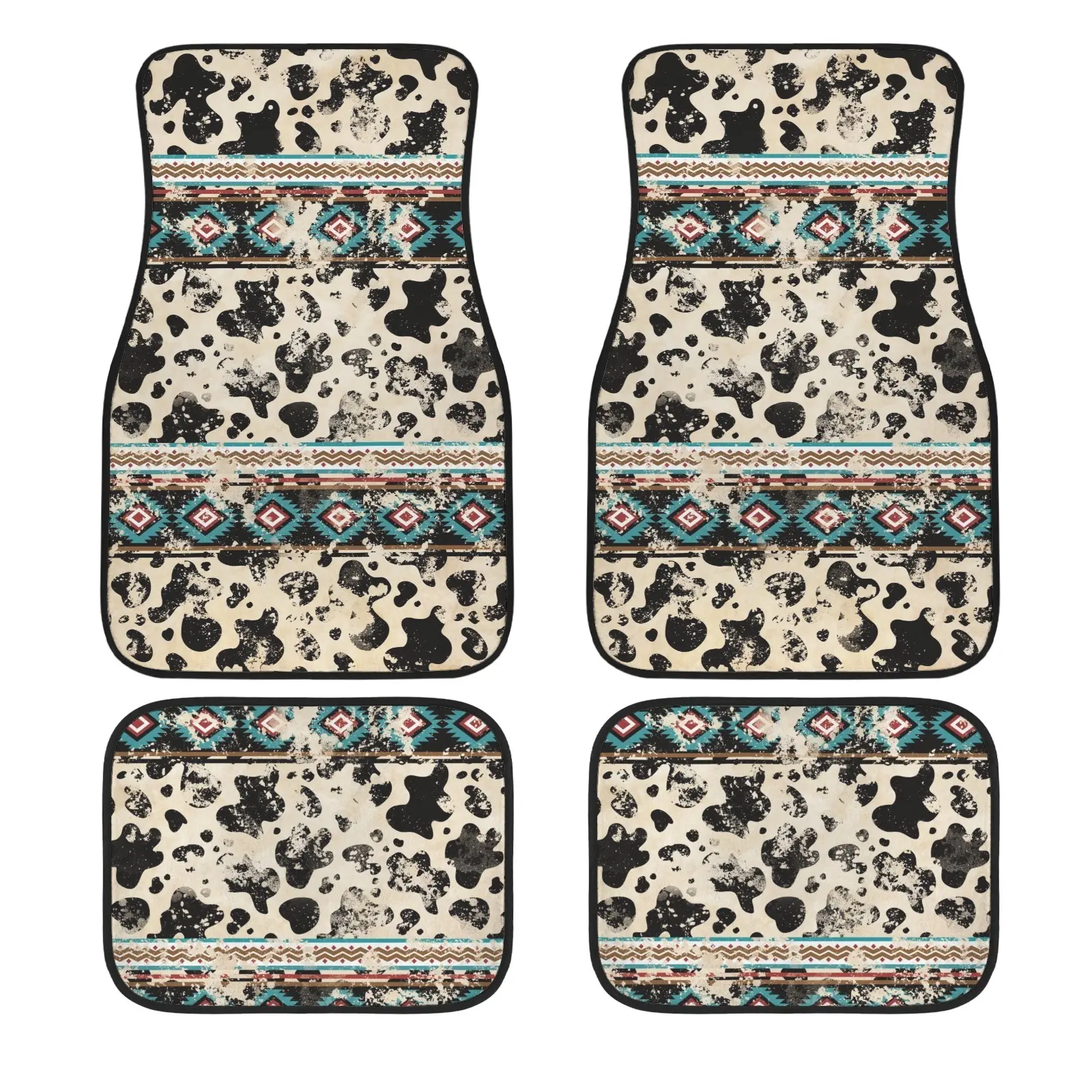 Boho Western Cow Spot Aztec Car Floor Mat Set, Universal Vehicle Interior Carpet & Automotive Floor Liners, Non‑Slip TPR Cabin Floor Protector, Washable Flannel Covers, Front & Rear Coverage, Southwest Tribal Auto Accessory   Car Mat Factory