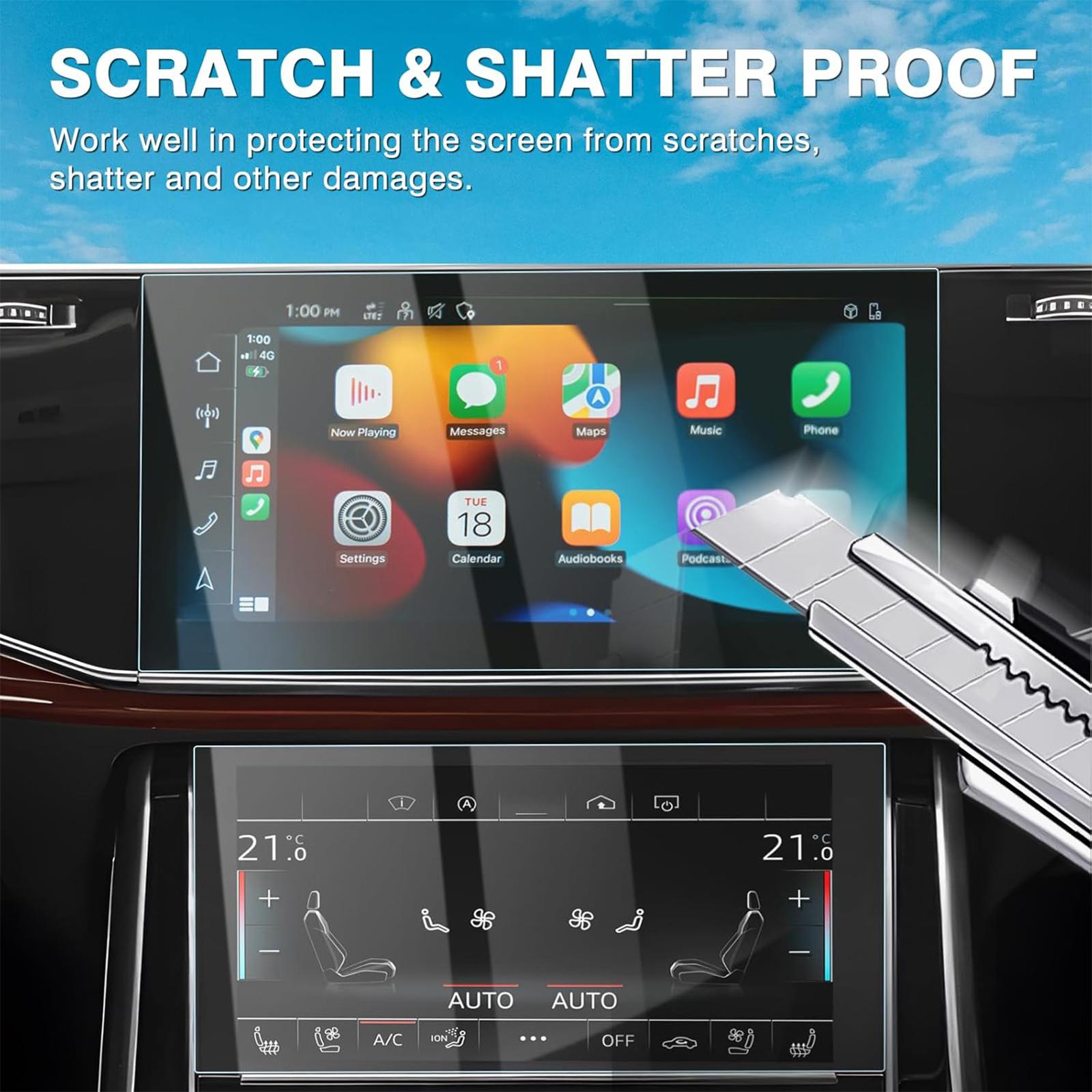 Canvcle 2 Pack Screen Protector for 2020-2025 Audi Q7 Q8 10.1-Inch Upper + 8.6-Inch Lower Screen, 9H Tempered Glass Screen Protector for Audi Q7 Accessories, Car Radio Screen Cover Anti Fingerprint Durable Protection