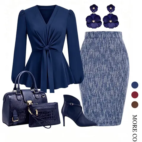 Women's 2-Piece Set: Navy Knot Waist Top + Plaid Print Bodycon Skirt, Elegant Professional Office Wear, Business Casual, Spring & Fall