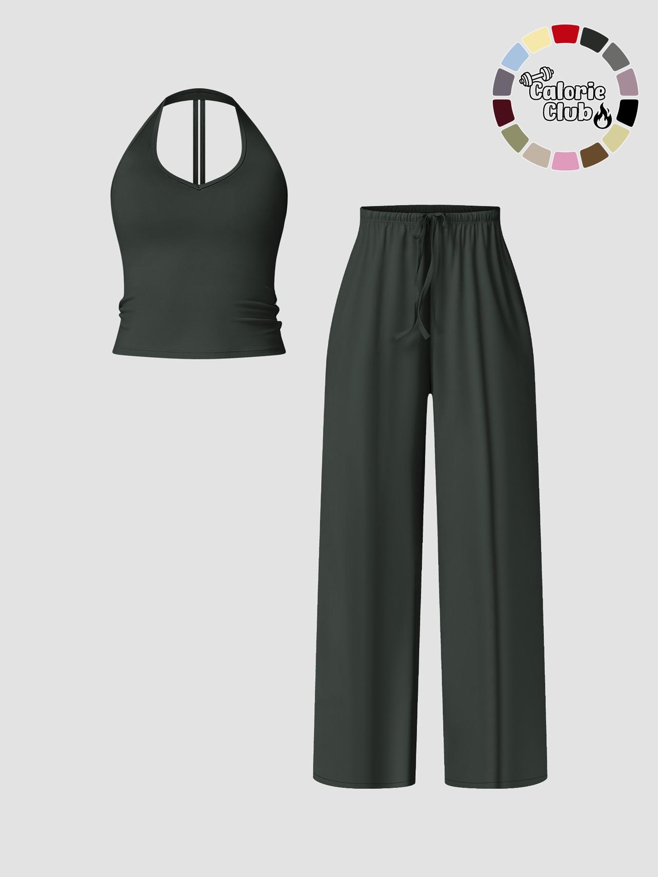 Women's Quick-Dry Sports Tank Top, Casual High-Waisted Bell Bottoms, Comfortable Sporty, All-Season Plain Style, Casual Sportswear Set, Casual Sportswear Outfit