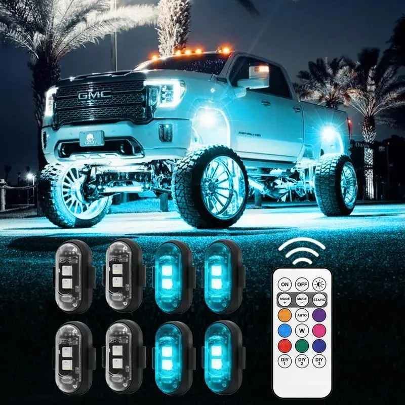 6 PCS RGB Underglow Remote Control Lights - Car, Motorcycle Accessories, Vehicle LED 8-Color Rechargeable Waterproof Strobe Lights, Easy Install No Wiring, Remote Control From Your Seat, Exterior Interior Decor, Cars