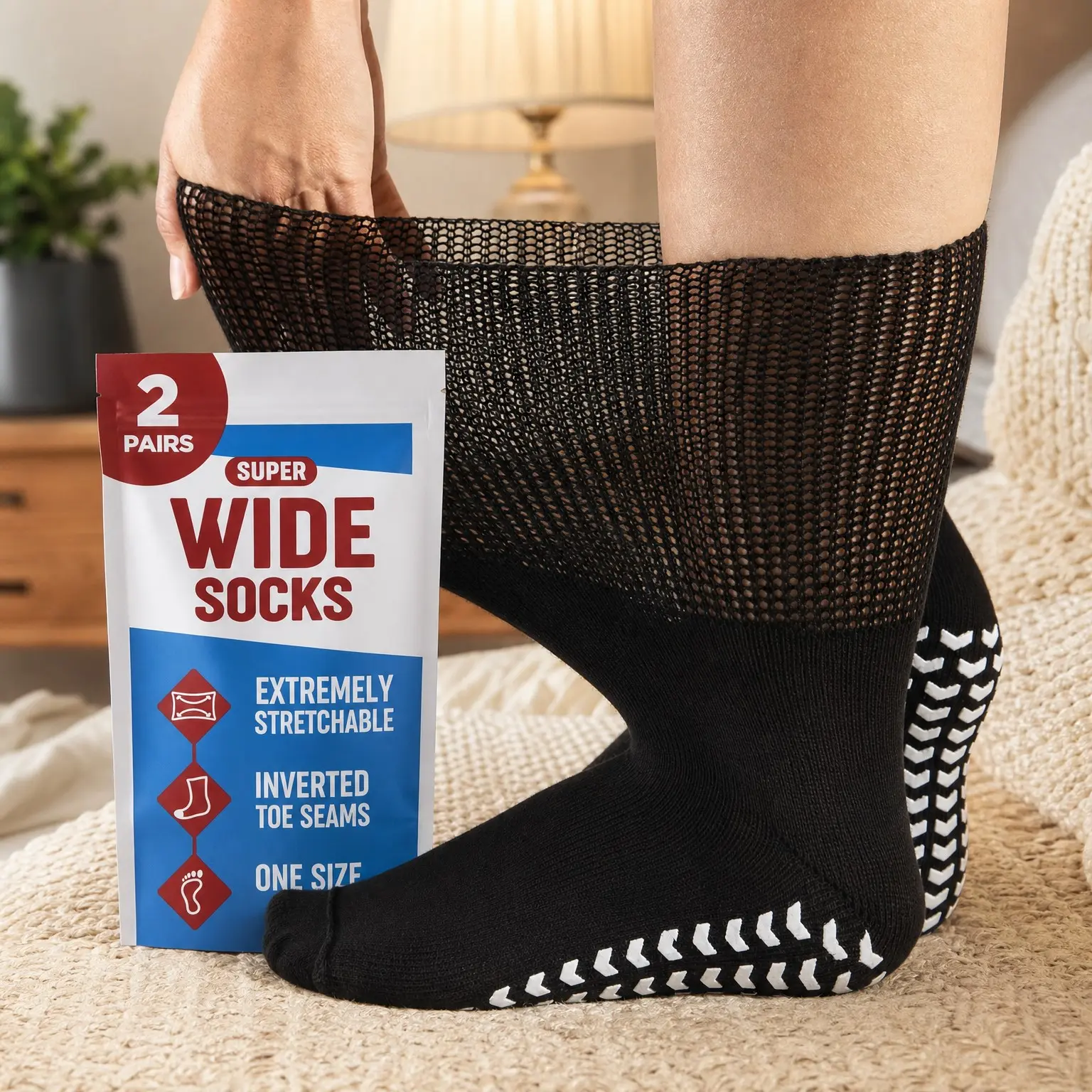 2 Pairs Extra Wide Socks for Swollen Feet, Non-Slip Hospital & Diabetic Socks for Men and Women