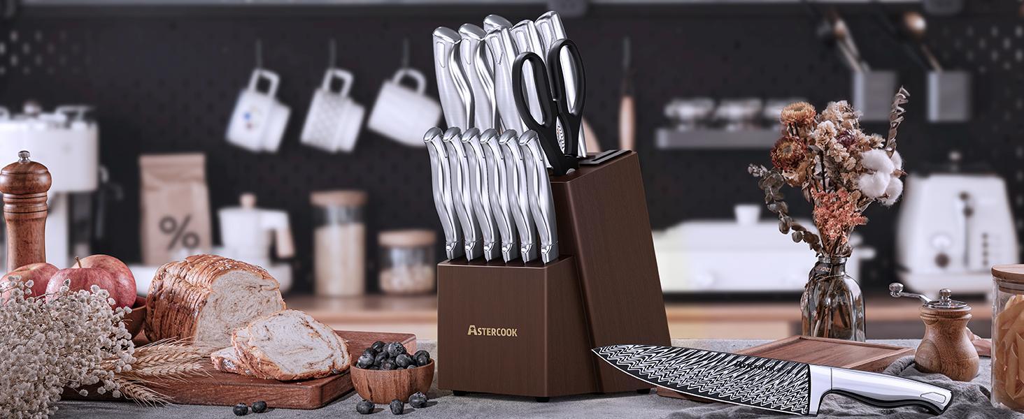 Knife Set, 14 Pieces Kitchen Knife Block Set with Built in Knife Sharpener Block, Dishwasher Safe, German Stainless Steel, Best Gift, Silver