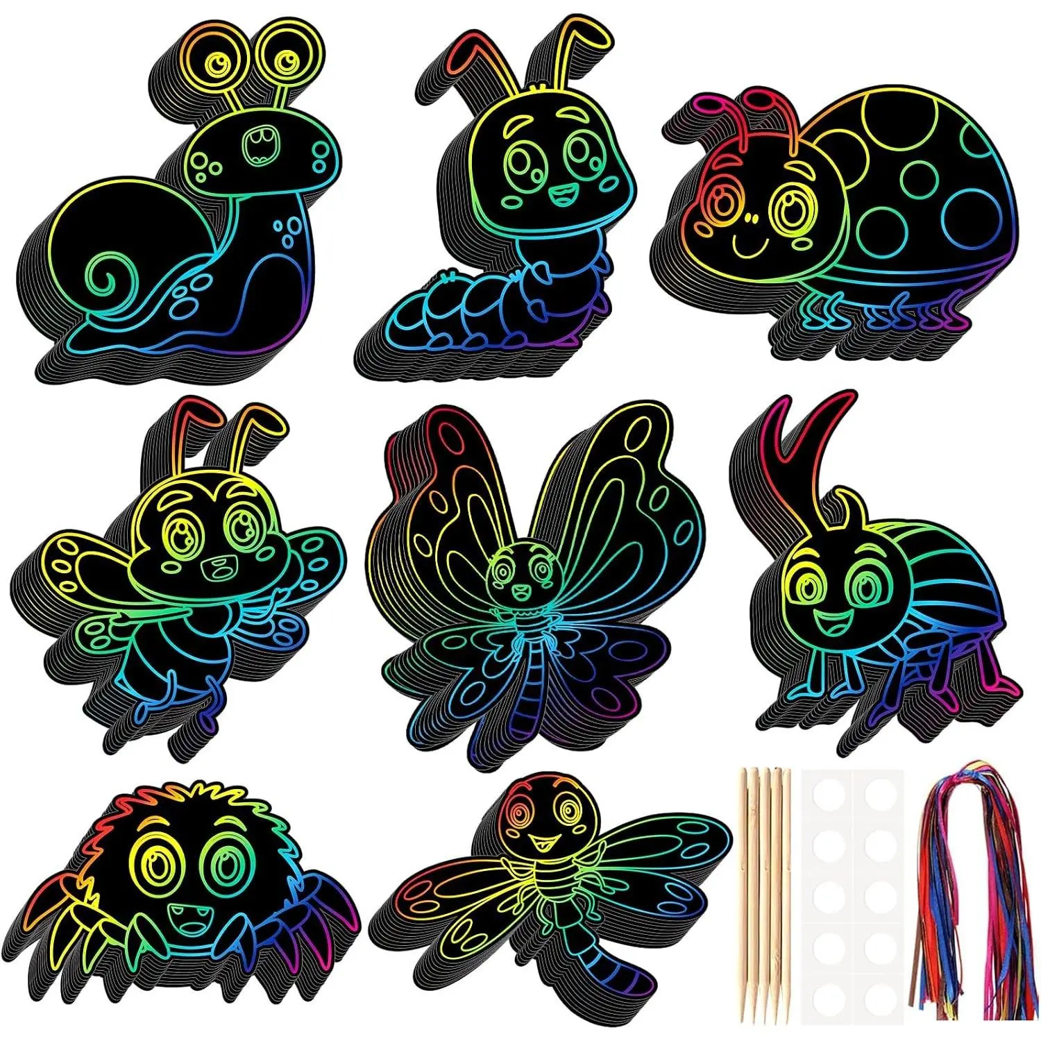 80 Pcs Colorful Rainbow Butterfly Insect Scratch Paper Art with Wooden Stylus for Birthday Party Classroom DIY Activities