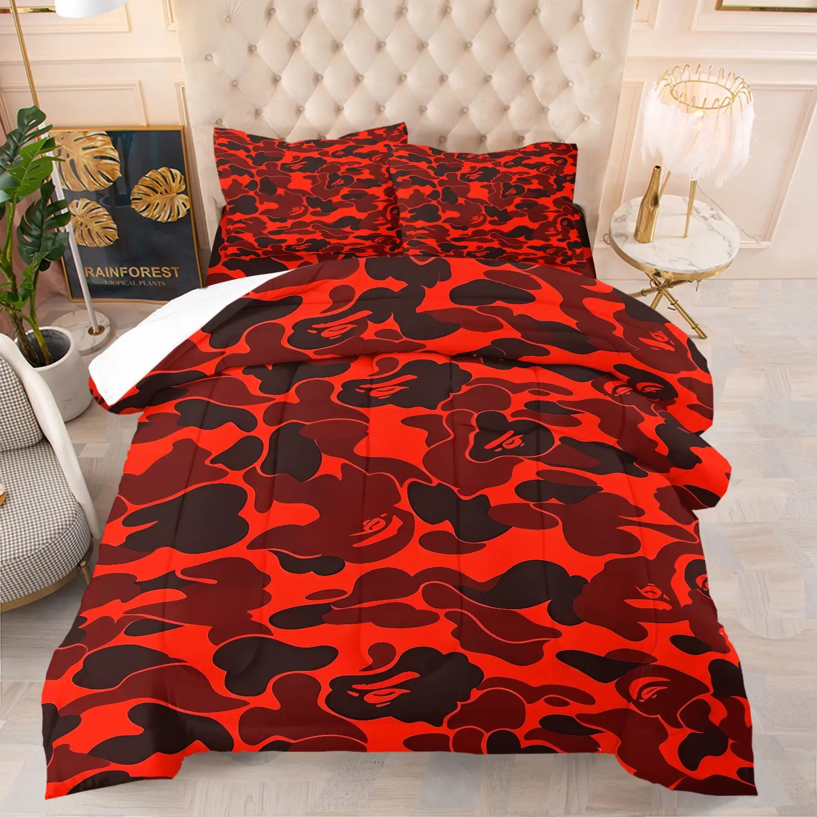 Red Black Camo Comforter Set (1 Comforter + 1-2 Coreless Pillowcases), Soft Comfy Durable Washable, All Season Microfiber Bedding, Streetwear Camouflage Print Decorative Bed Set for Teens Boys Bedroom Dorm