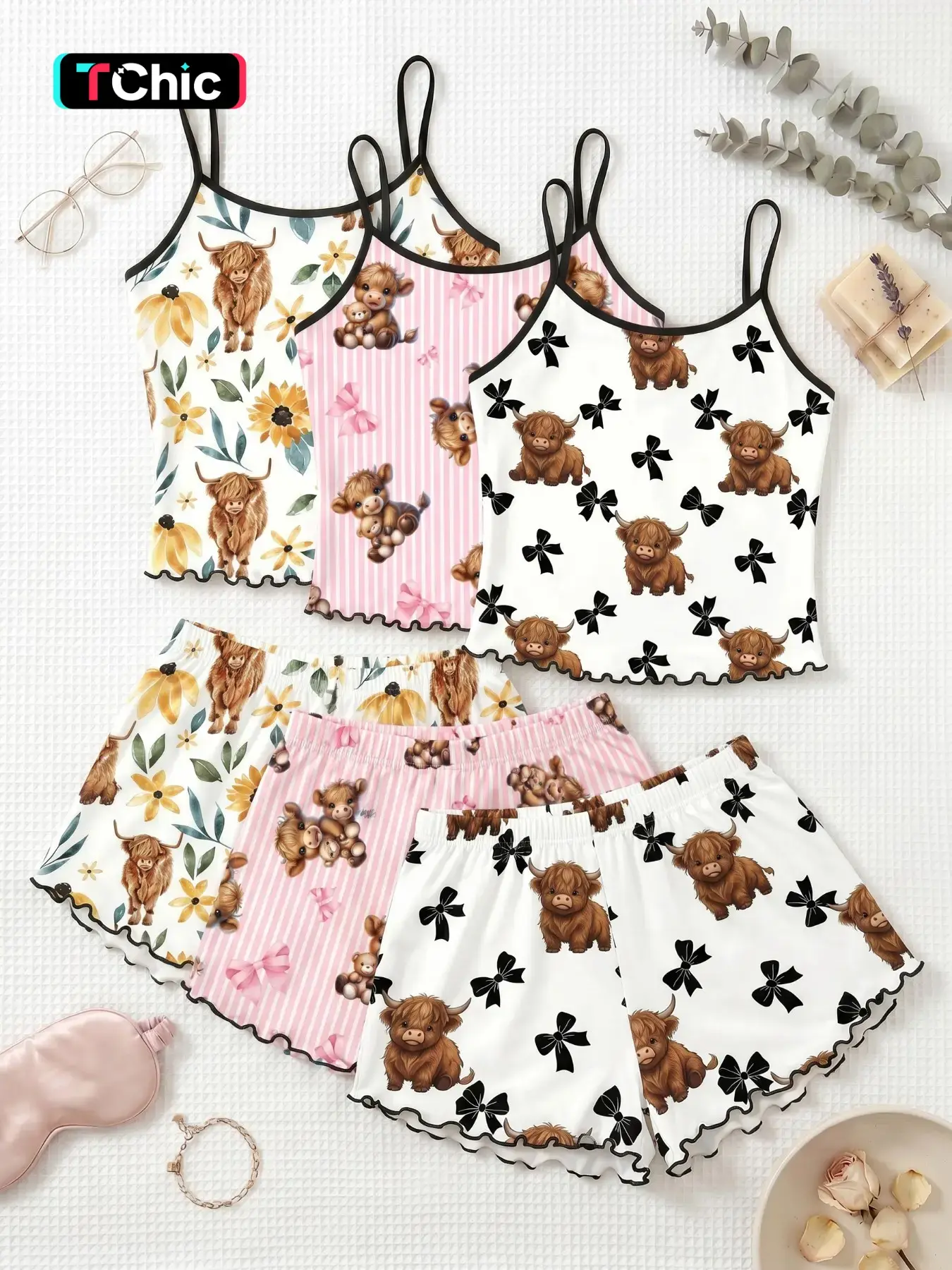 3 Pcs Highland Cow Print Spaghetti Strap Tank Top Shorts Pajama Set, Trim Ruffle Design, Sweet Cool Girl Style, Breathable Home Sleepwear Loungewear