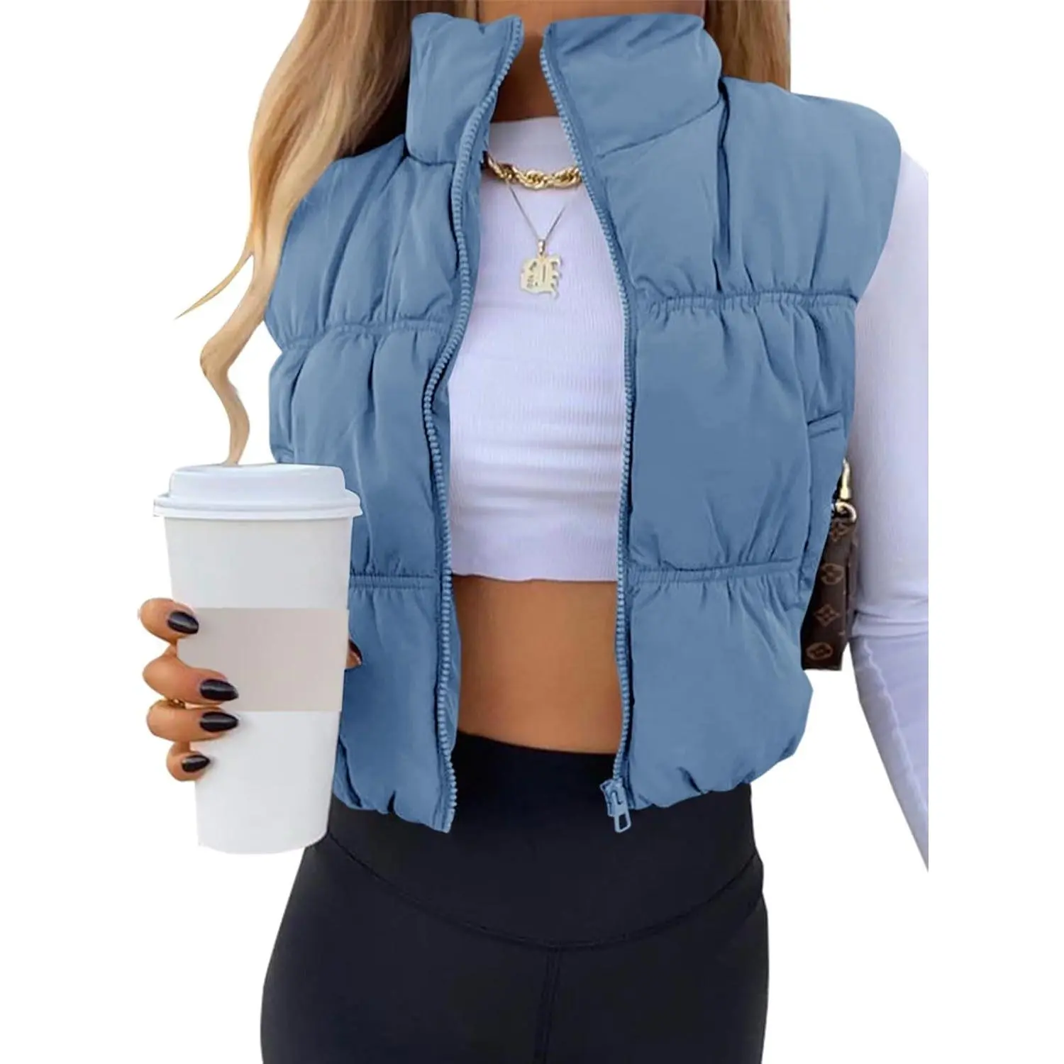 Tankaneo Women's Crop Puffer Vest Winter Zip Up Lightweight Sleeveless Warm Outerwear Padded Coat