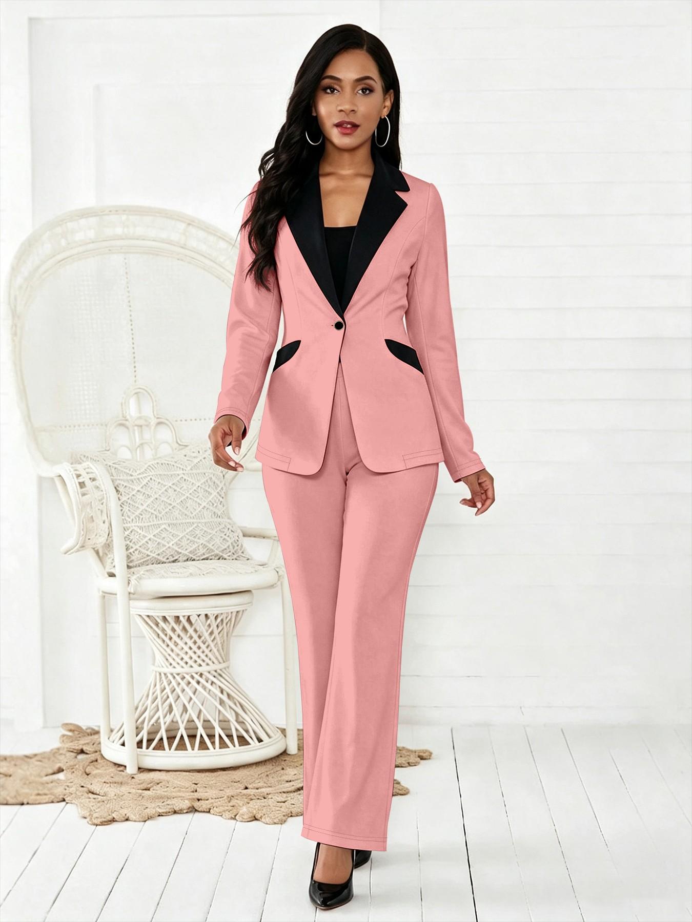 Women's Black Girl Magic Style Contrast Lapel Long Sleeve Business Blazer Suit Set, High Waist Flare Trouser for Commute