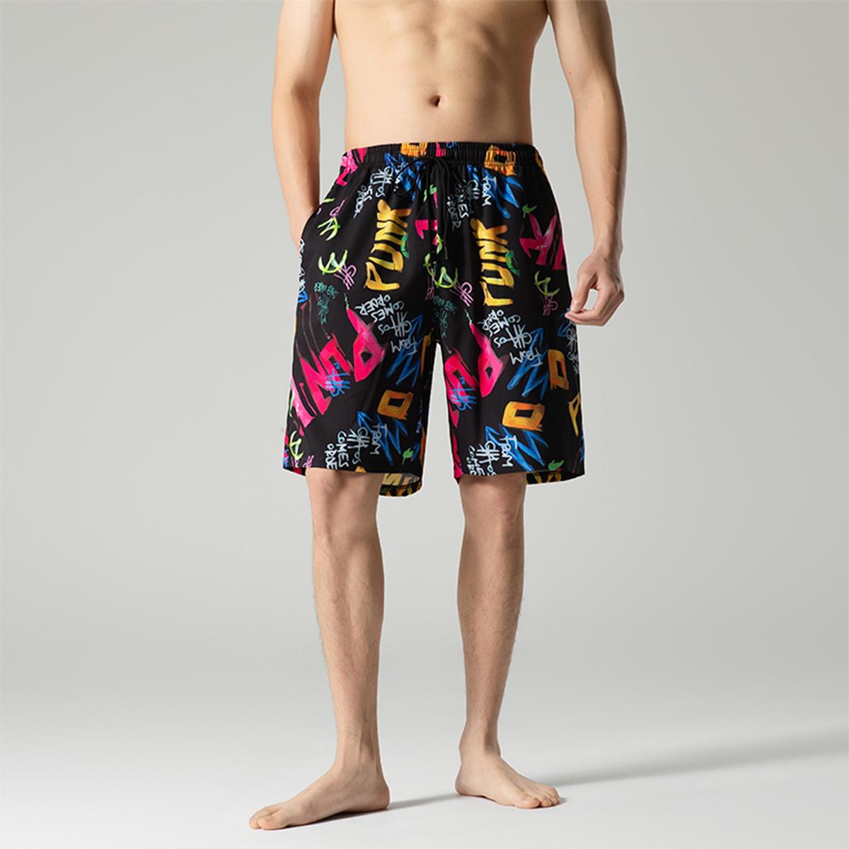 Men's Relaxed-Fit Knee-Length Casual Shorts - Menswear with Vivid All-Over Bright Multicolor Graphics, Reinforced Waist & Side Seams, Adjustable Dual Drawcord, Shape-Retentive Anti-Wrinkle Cool Thin Elastane Fabric