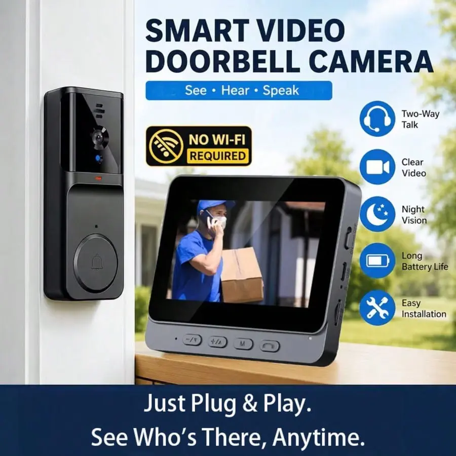 1pc Wireless Video Doorbell with 4.3 Inch Monitor, No WiFi No App Required, Auto Pairing, Simple Operation, Two-Way Audio, IR Night Vision, Supports TF Card Local Privacy Storage, No Wiring Easy Install Home Intercom