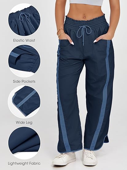 Women's Loose Wide-Leg Pants, Casual Drawstring Elastic Waist Colorblock Sportswear, Fashion Y2K Nine-Quarter Pants, All Seasons