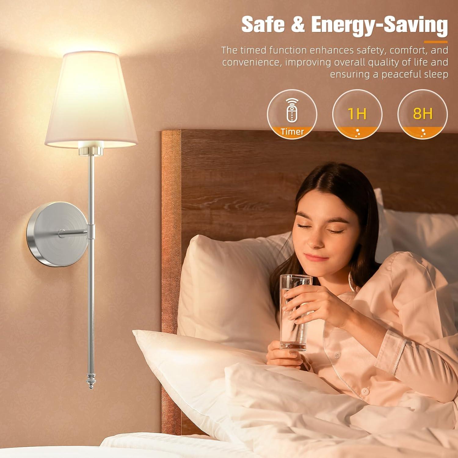 2PC Battery-Operated Wall Sconces with Fabric Shade, Rechargeable LED Wall Lights Set of 2, Decorative Wall Light, Dimmable Wireless Lamp with 3 Color Temperature, 12 RGB and Remote for Bedroom Living Room Hallway Adjustable Leds