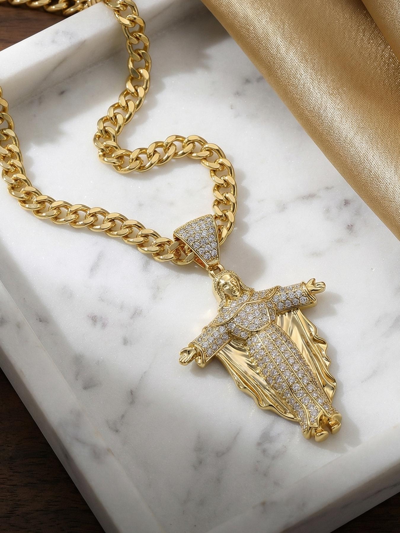 16K Copper Inlaid Zircon New Hip-hop Portrait Cross Pendant Necklace # Jewelry / Stainless Steel Chain / Colorfast / Hypoallergenic / Couple / Festival / Party / Ideal Gift