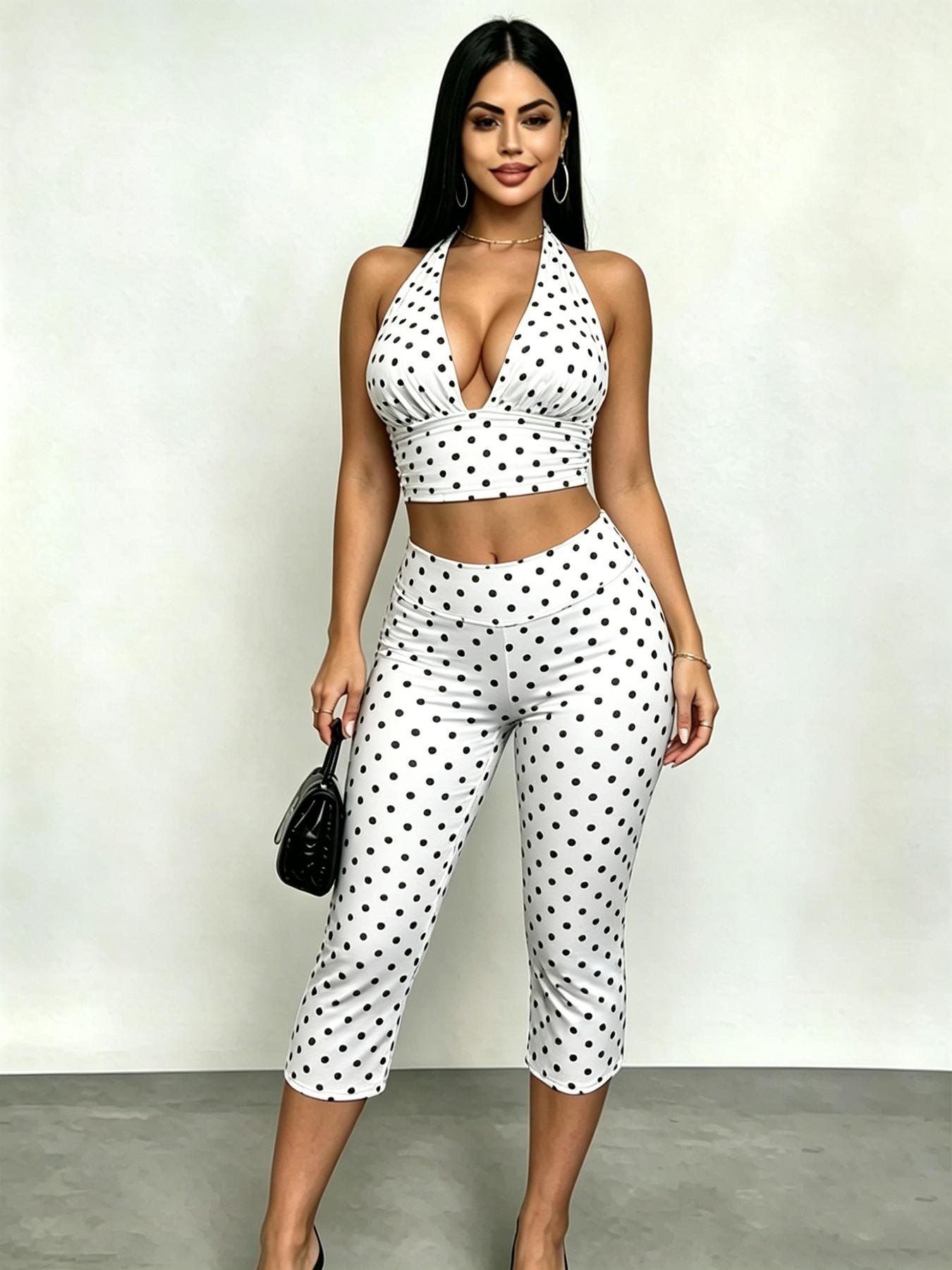 Tiktok Viral 2026 Women's 2 Pack Polka Dot Set, Halter Neck Deep V Crop Top & High Waisted Capri Leggings, Y2K Retro Streetwear, Outfit, Stretchy