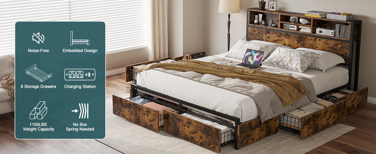 Bed Frame with 6 Storage Drawers, MATTRESS NOT INCLUDED, Bed Frame with Headboard Charging Station ,with Storage No Noise,No Box Springs Needed,Vintage Brown Bed Frame with 6 Storage Drawers, MATTRESS NOT INCLUDED, Bed Frame with Headboard Charging Station ,with Storage No Noise,No Box Springs Needed,Vintage Brown