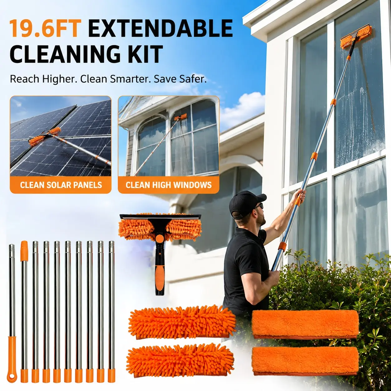19.6ft High-End Extendable Window Cleaning Kit Cleaner, Includes 4 Microfiber Cloths, Professional Ladder with Sponge Head & Squeegee, Easy Clean Hard-To-Reach Areas