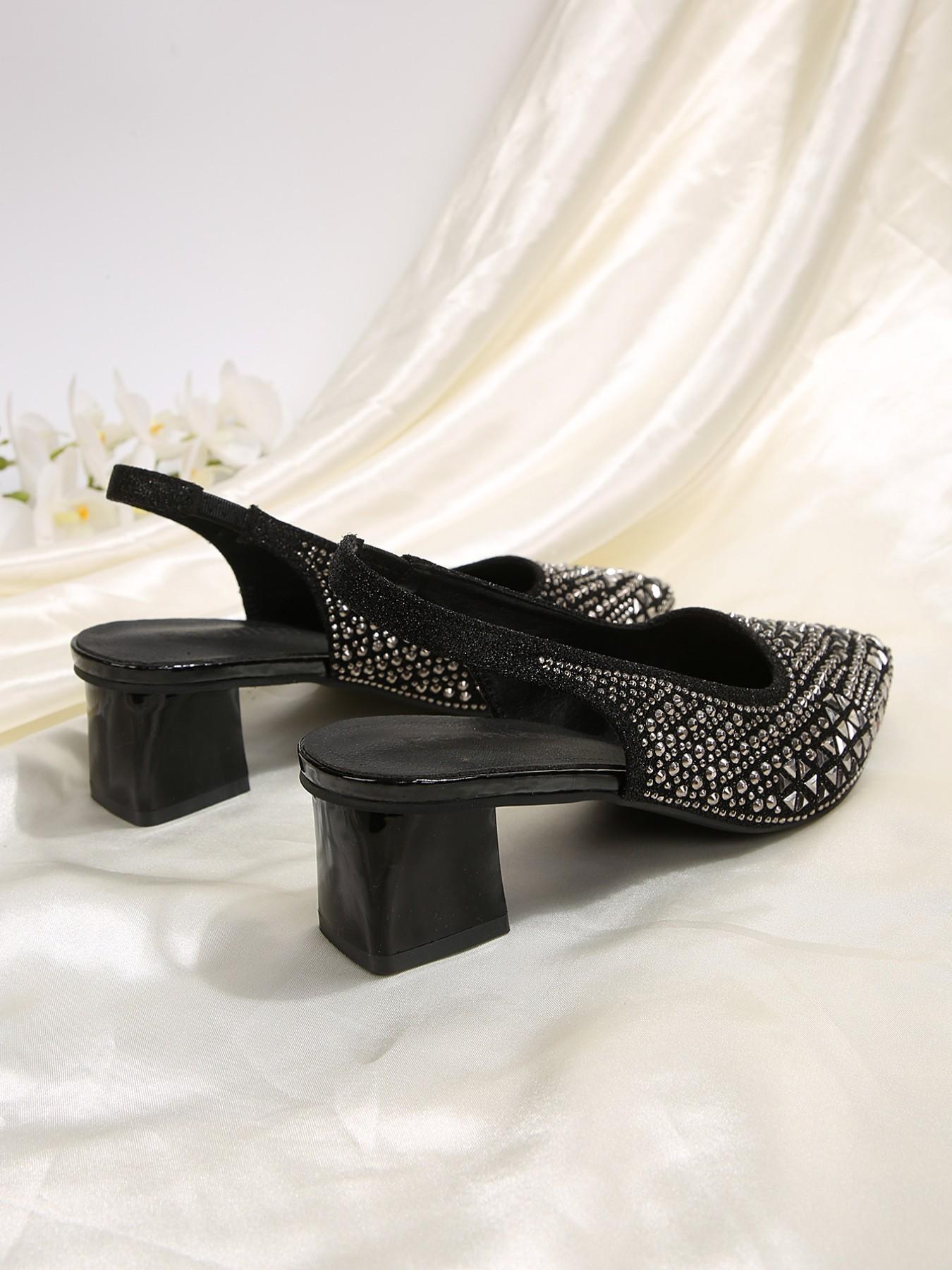 YYW1 Women's Pointed Toe Chunky Heel Slip-On Shoes, Textile Upper, TPR Sole, Elegant Comfortable Casual Wear & Party Footwear