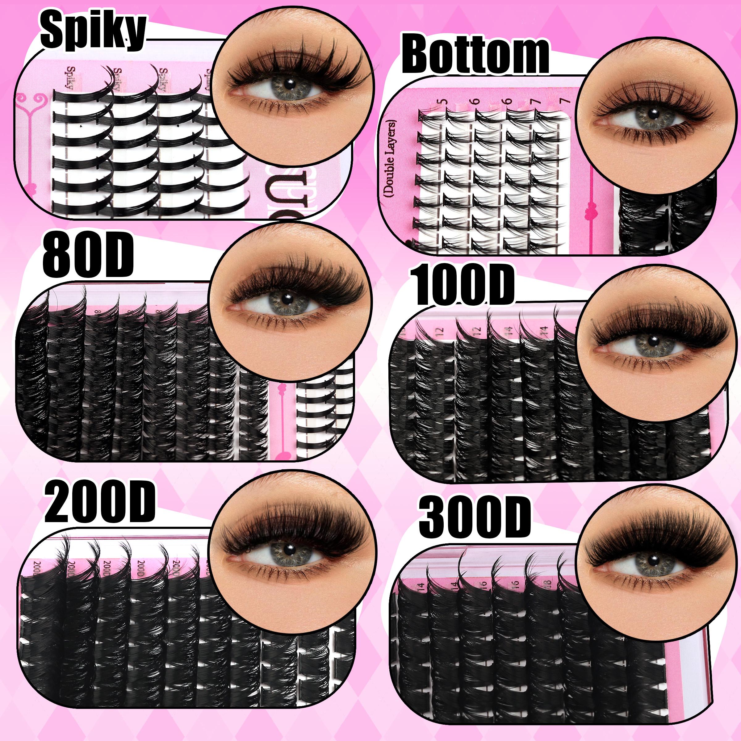 6 Styles Lash Cluster Kit, Spike/Bottom/80D/100D/200D/300D Volume Lashes, Eyelashes Extensions, 980 Pcs 5–20 mm D-Curl Cluster Eyelash Extension Kit with Lash Bond and Seal (2 Bottles), Remover, Tweezers and Brush for Easy DIY at Home