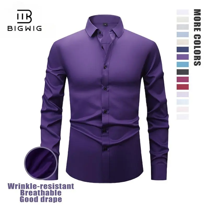 Men's Long Sleeve Dress Shirt - Modern Slim Fit, Wrinkle-Free, Elastic Spandex Fabric, Elegant Smooth Satin Finish Menswear for Casual & Business Button-Up Wear, Soft, Longsleeves, Plain, Stretch, Dating, Going Out