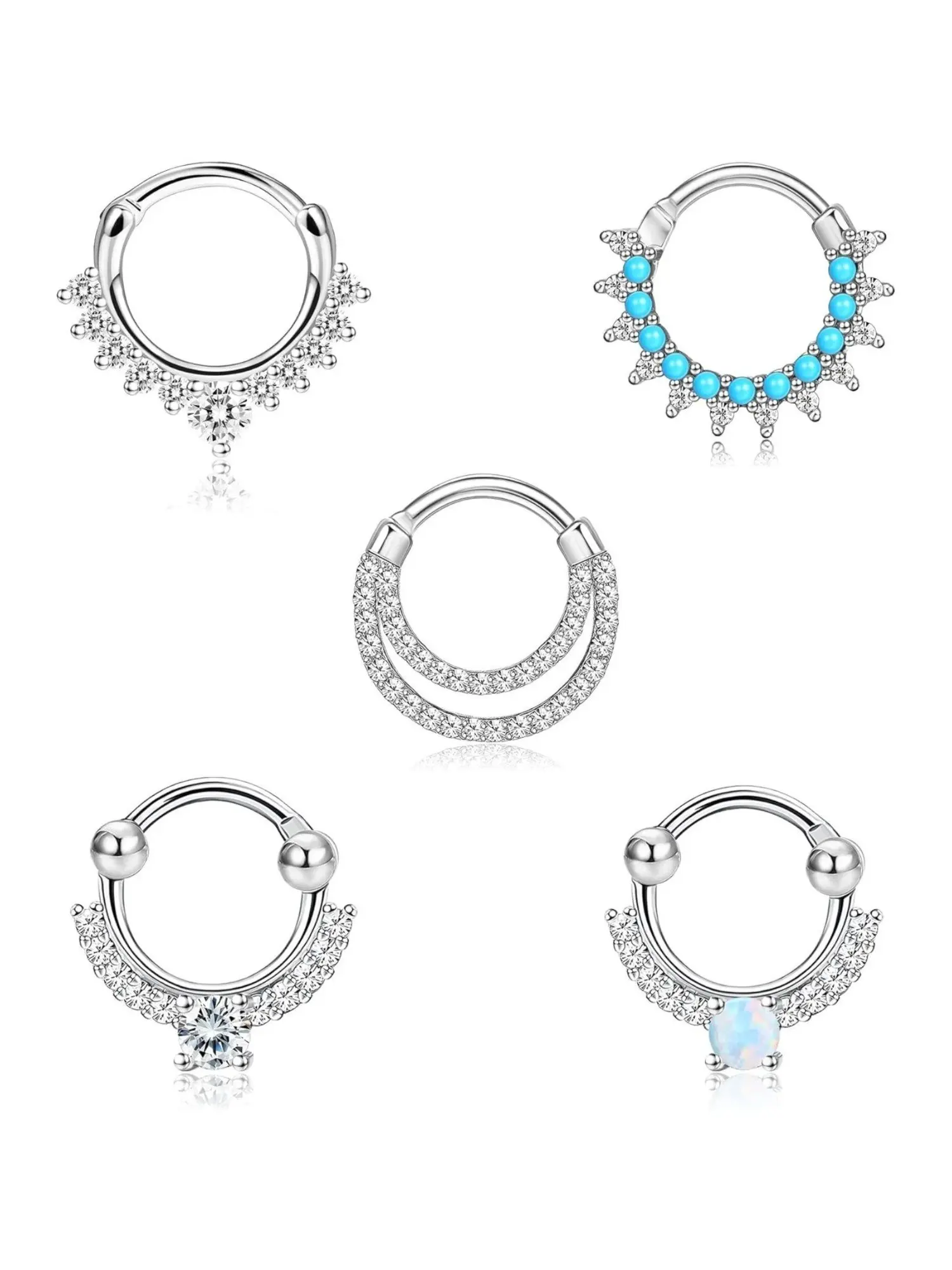 5PCS 16G Septum Rings Opal Daith Earrings Hoop Nose Rings 316L Stainless Steel CZ Cartilage Helix Tragus Earrings Septum Clicker Piercing Jewerly, Nose Piercing Jewelry