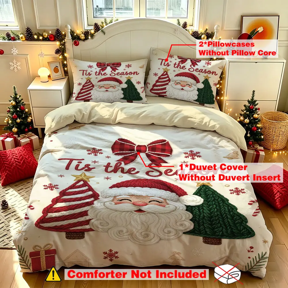 3pcs Christmas Santa Claus Duvet Cover Set, Includes 1 Duvet Cover & 2 Pillowcases, No Filling, Christmas Gift For Bedroom Hotel Dorm