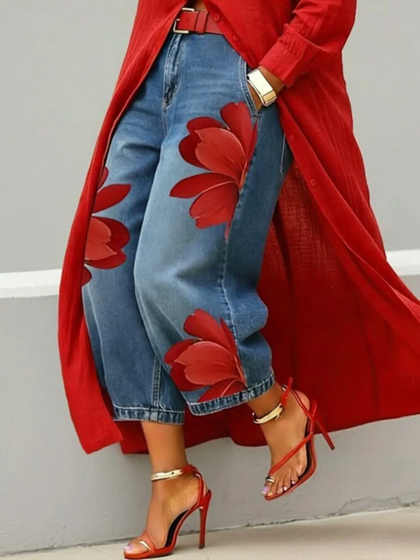 2026 New Women’s Faux Denim Printed Wide Leg Pants, Loose Casual Baggy Jeans, Versatile Comfy Long Trousers, Trendy Fashion Bottoms