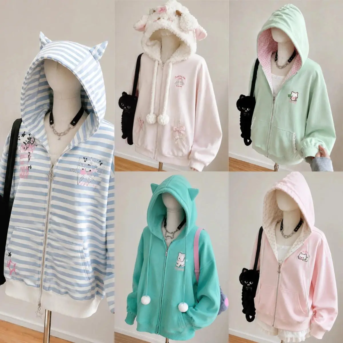 Japanese Subculture Zip Hooded Jacket Girls Kawaii Cat Embroidery Plaid Lining Oversized Long Sleeve Y2k Street Sweat Tops