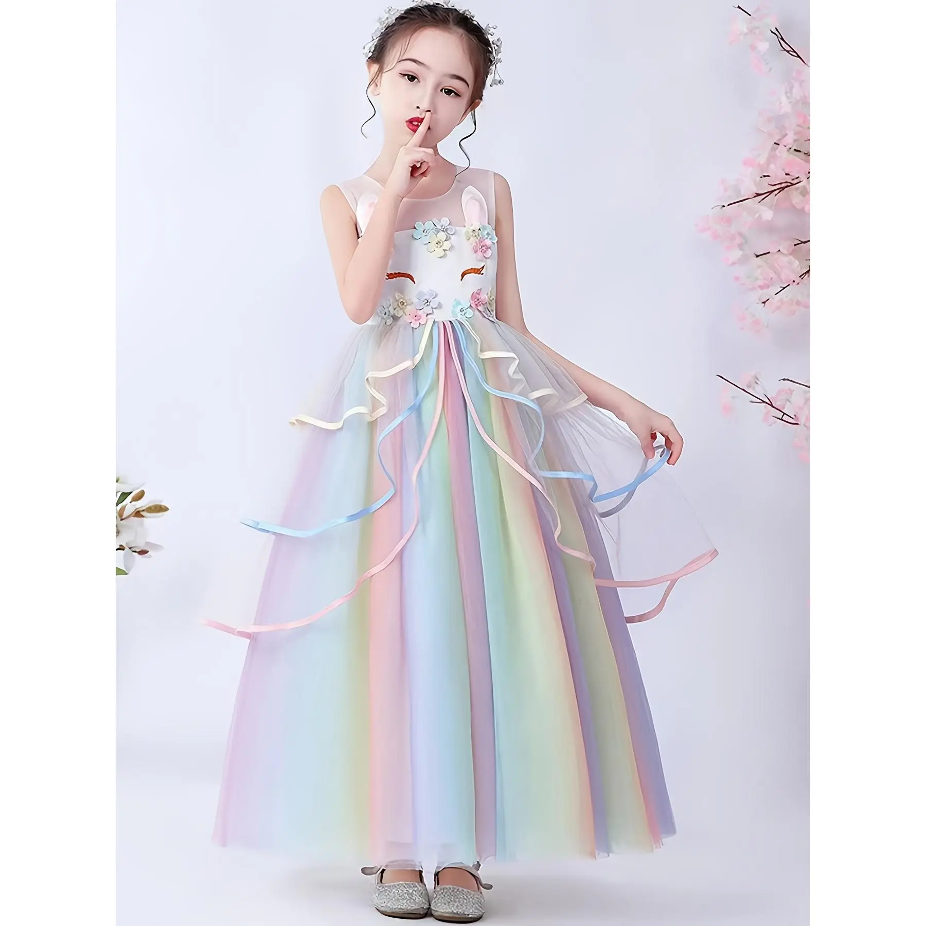 New Mesh Skirt Dress Unicorn Mesh Rainbow Tutu Skirt Flower Girl Halloween Princess Dress