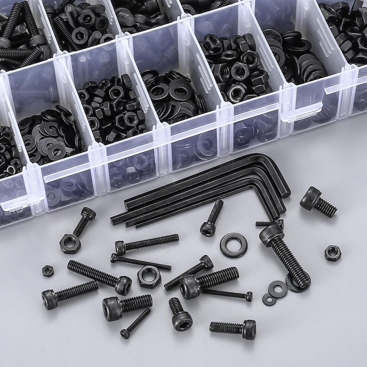 1274 count M2 M3 M4 M5 Metric Screw Set, Hex Socket  Cap Screws Nuts and Washers  Kit, Metric  and Nuts Kit, 12.9 Carbon Steel  Machine Screw  Kit, with 4 Spanner