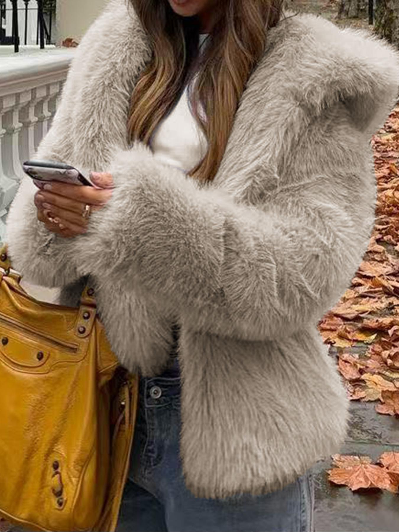 Women's Casual Faux Fur Hooded Jacket, Short Fall & Winter Coat, Medium-Weight with a Luxe Feel, Fitted Design