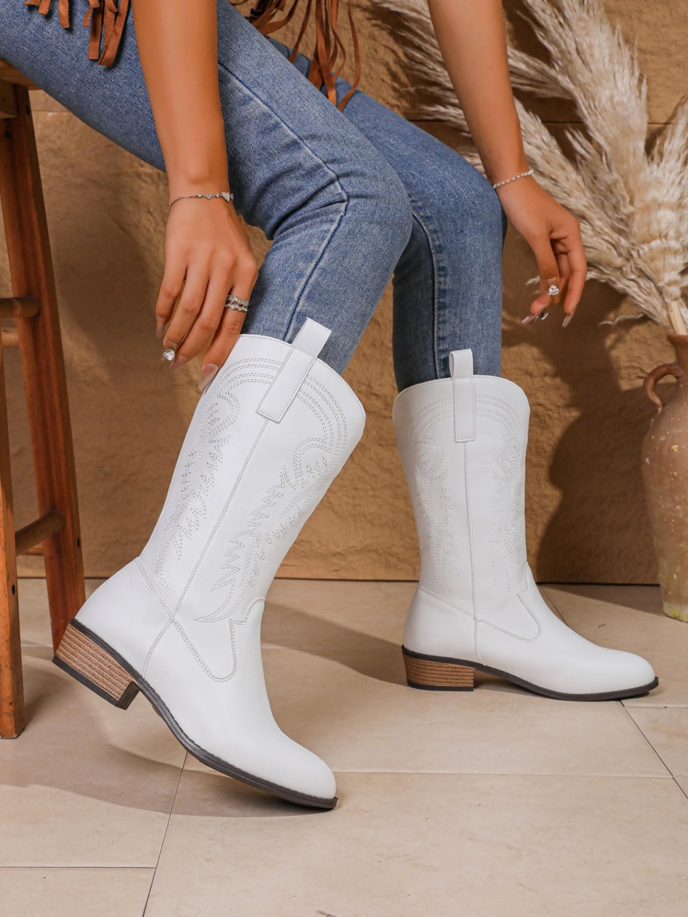 American Vintage Style Classic Western Embroidered Mid-Calf Boots, PU Leather, Rubber Sole, Fashion Winter Shoes, Slimming Effect